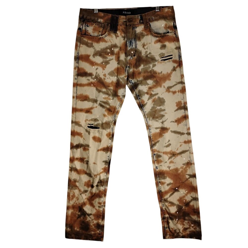 AKOO camo jeans mens 32 32x34 brown tie die paint splatter distressed slim NWT